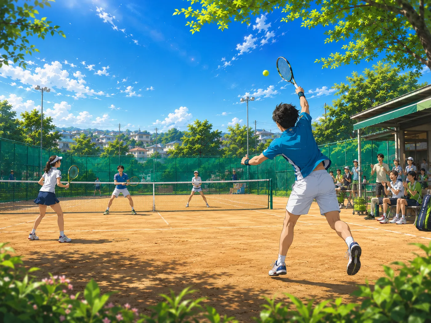 湘南桂台テニスクラブのコートで躍動感あるラリーを楽しむ会員