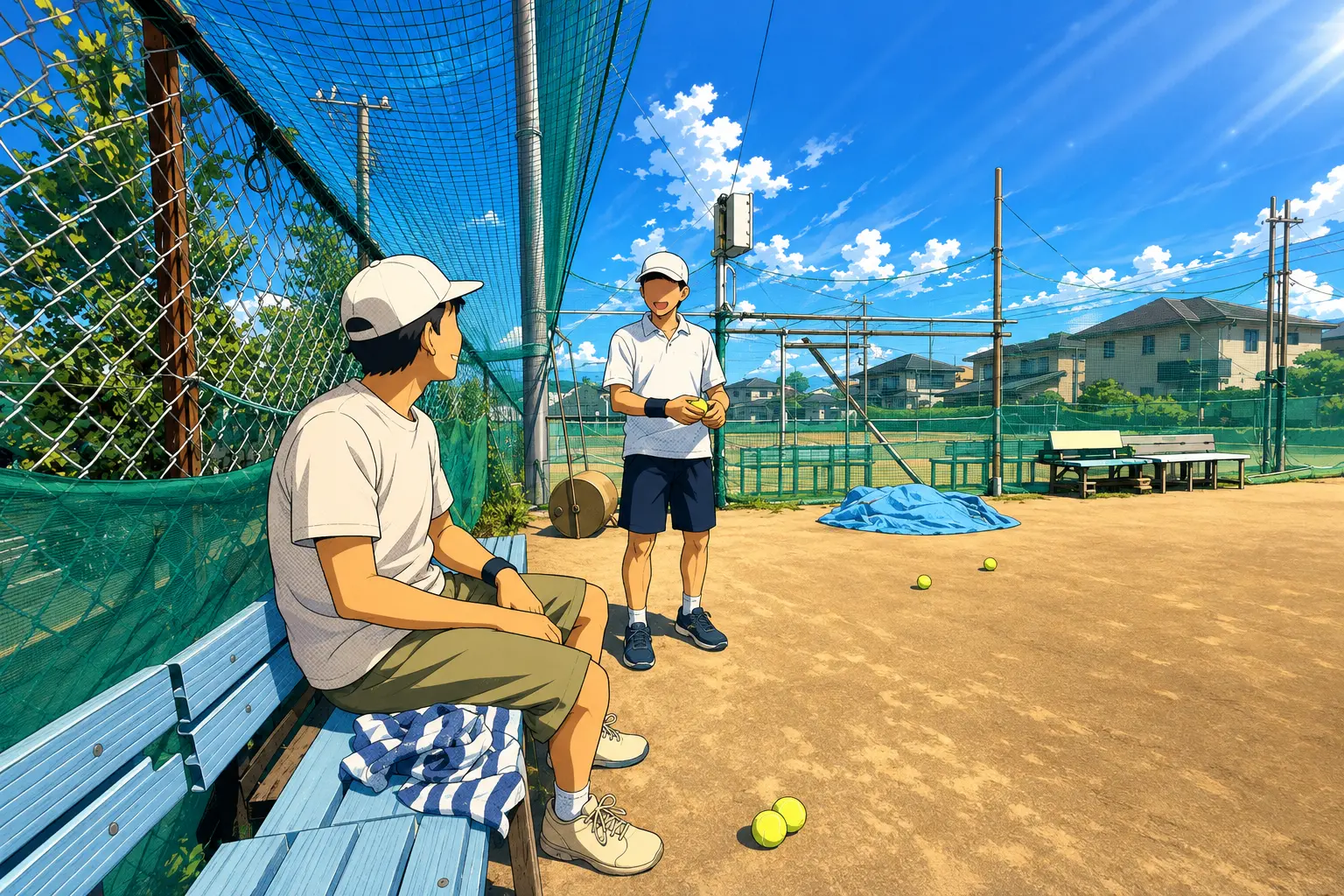 コート脇でテニス仲間が会話する様子を描いたアニメ調イラスト