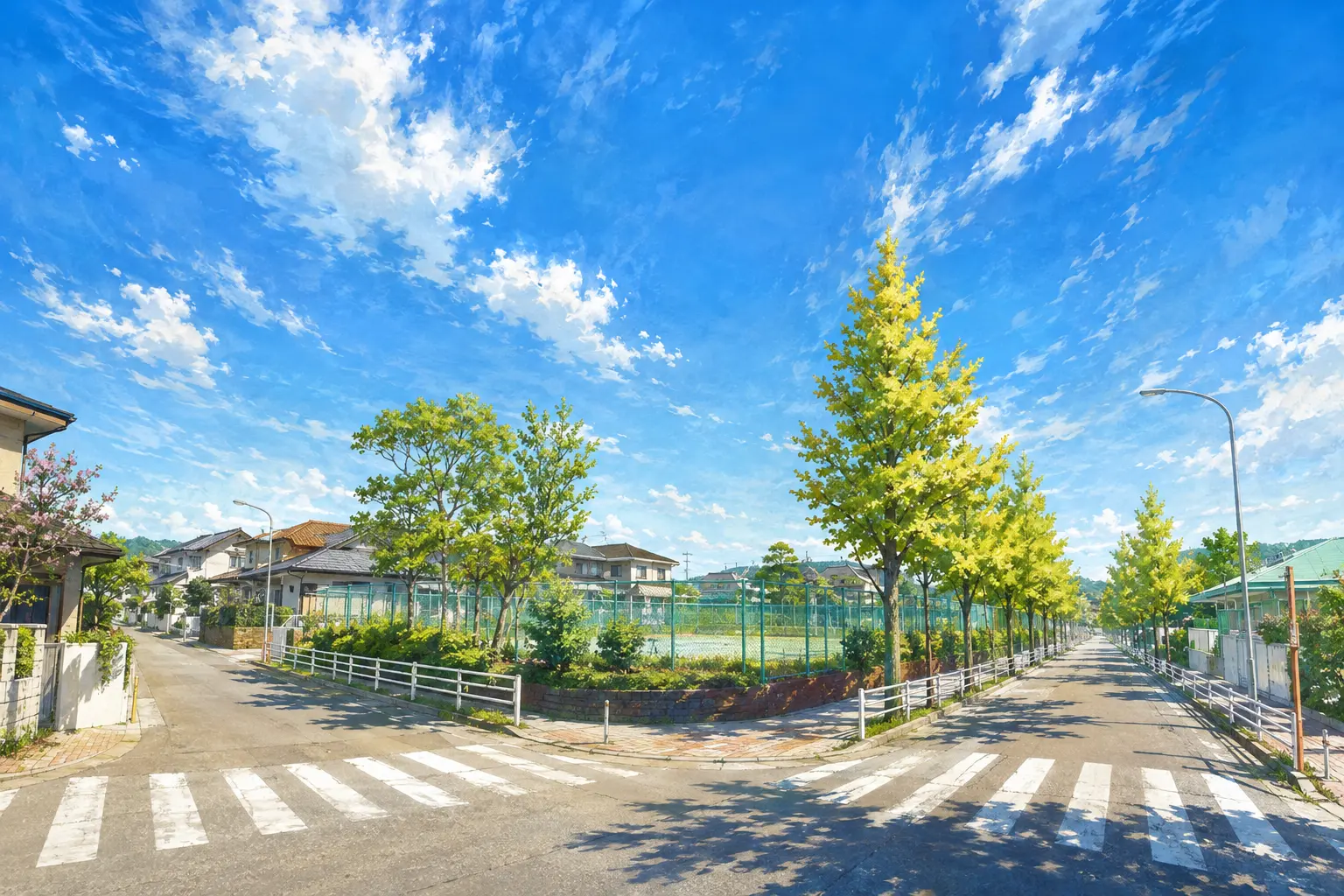 銀杏並木とテニスコートのある湘南桂台の街角を描いたアニメ調イラスト