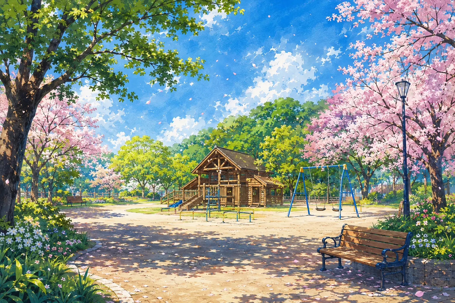 桜と遊具のある桂山公園をイメージしたイラスト